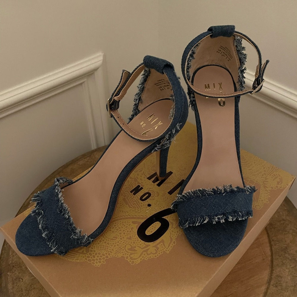 MIX No. 6 Blue Frayed Denim Ankle Strap Sandals